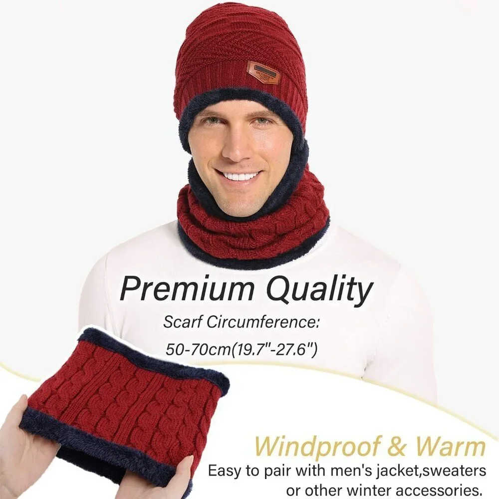 Men's Red Winter Warm Knit Thick Fleece Lined Skull Beanie Hat Scarf Set